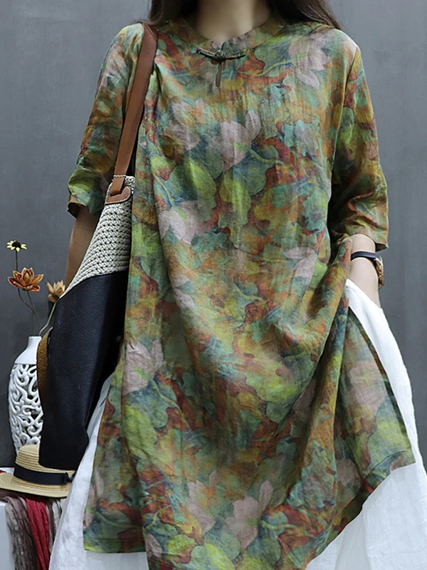 

Summer Women's Cotton Linen Shirt with Button Print Stand Collar Mid-Length Five-Sleeve Chinese Style Clothing