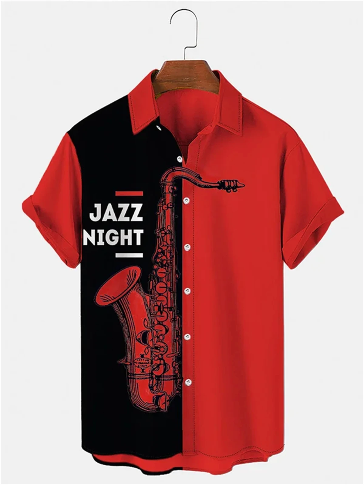 Hawaiian Print Men's Short Sleeve Shirt Saxophone Print Men's Lapel Top 2024 New Large Size Casual Men's Shirt