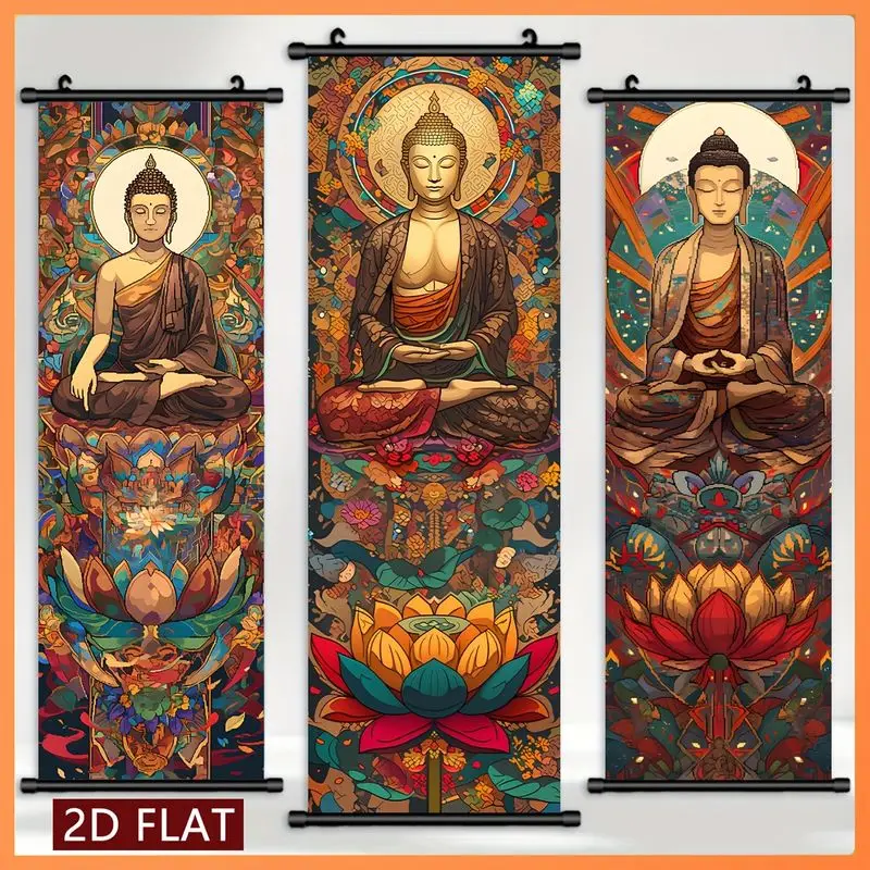 VIKAMA Buddha Statue and Lotus Scroll Tapestry, Meditating Buddha Mandala Floral Wall Hanging, Zen-Inspired Spiritual Tapestry