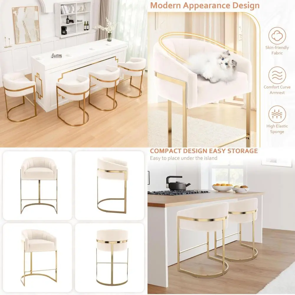 

Counter Height Bar Stools Set of 2, Modern 27" H Barrel Counter Stools with Shell Back, Gold Velvet Bar Stools for Kitchen Islan