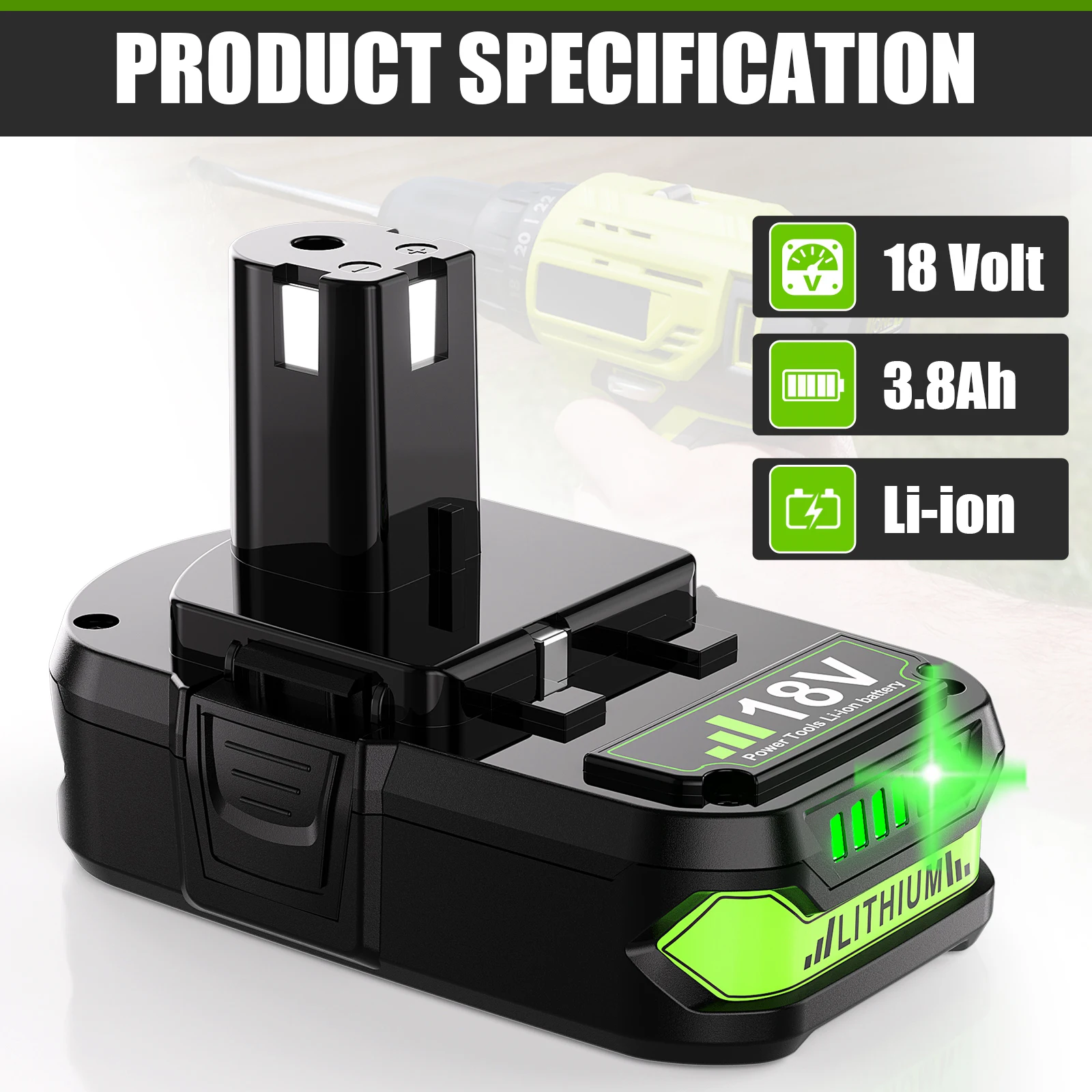 Ryobi용 18V 리튬 배터리, 교체용 전지, 18v, P108 P102 P103 P104 P105 P109 BPL1820 RB18L50 RB18L40