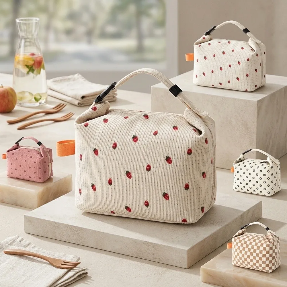 Insulated Cooler Tote Leakproof Thermal Lunch Bag for Work Travel Outdoor Use 24 22 14cm Corduroy Strawberries Color Design