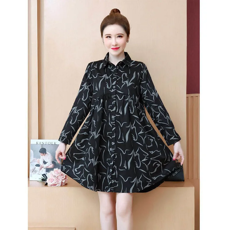 Fashion Lapel Printed Button Loose Folds Korean Mini Dress Women\'s Clothing 2023 Spring Summer New Oversized Casual Dresses