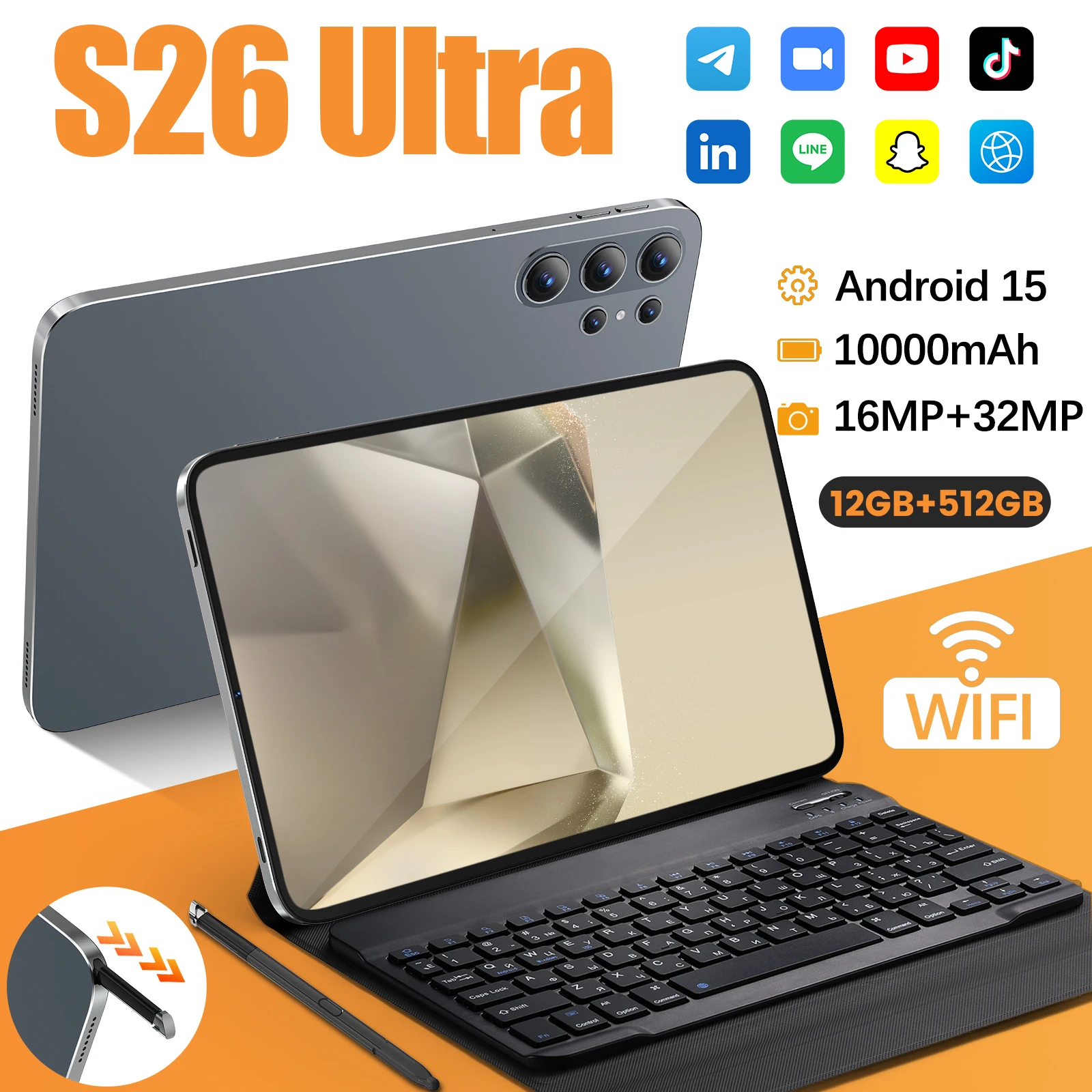 S26 Ultra Android 15 Tablet 10.1'' Global Version 12GB 512GB 10000mAh Dual SIM 5G WiFi GPS 4K HD Screen Tablet For Study Gaming