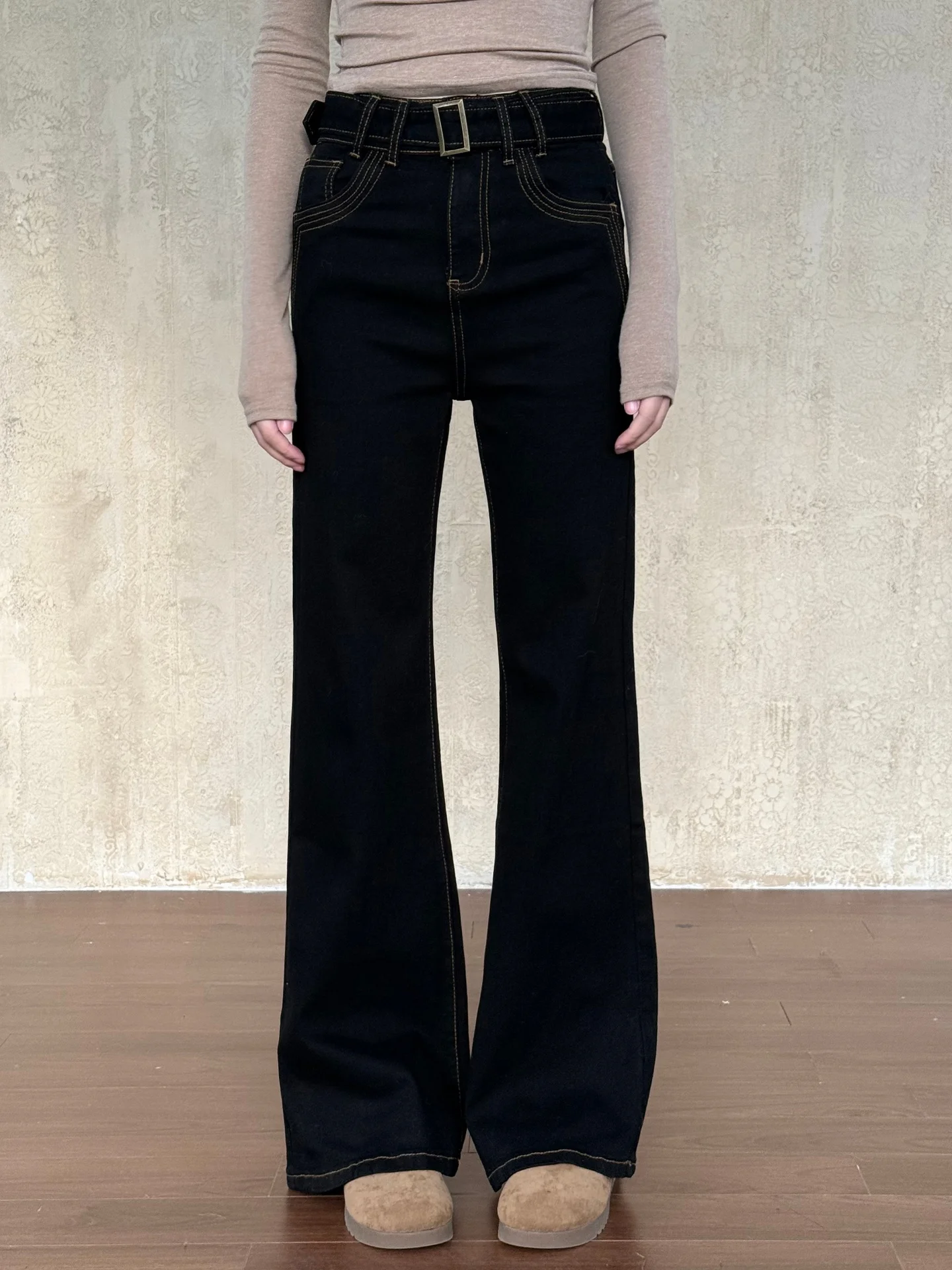 

VintageTang Gold Bla Fce Lined Эластичные расклешенные джинсы женские с высокой талией для похудения высокие длинные брюки XiangSan