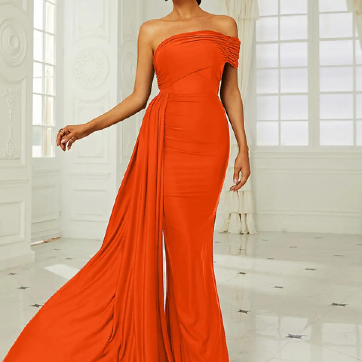 

Orange One Shoulder Sheath Bridesmaid Dresses Long Streamer Mermaid Arabic Dubai Women Maids Of Honor Gowns For Wedding Party