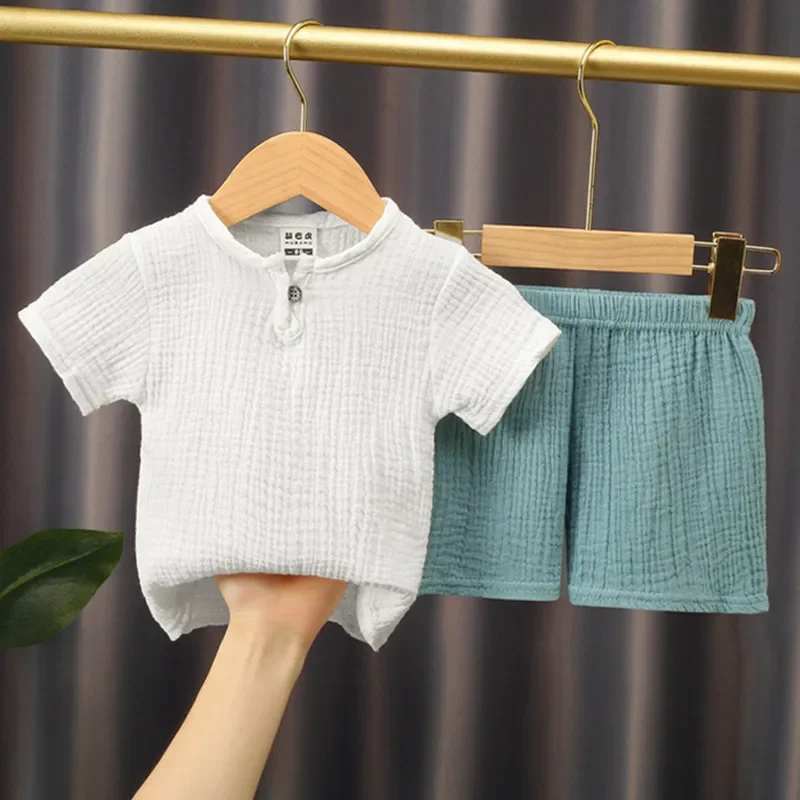 Conjuntos de verano para bebés de 0 a 5 años, camisetas de lino y algodón sólido, pantalones cortos elásticos, ropa informal, conjunto de ropa para niños