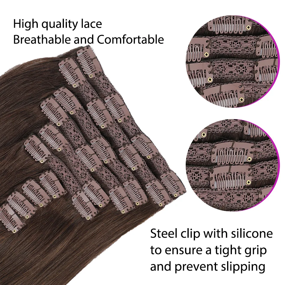 Clip In Hair Extensions 100% Remy Human Hair Dark Brown Clip On Hair Extensions Full Head 10Pcs 18-28 Inch Salon Supply view 3