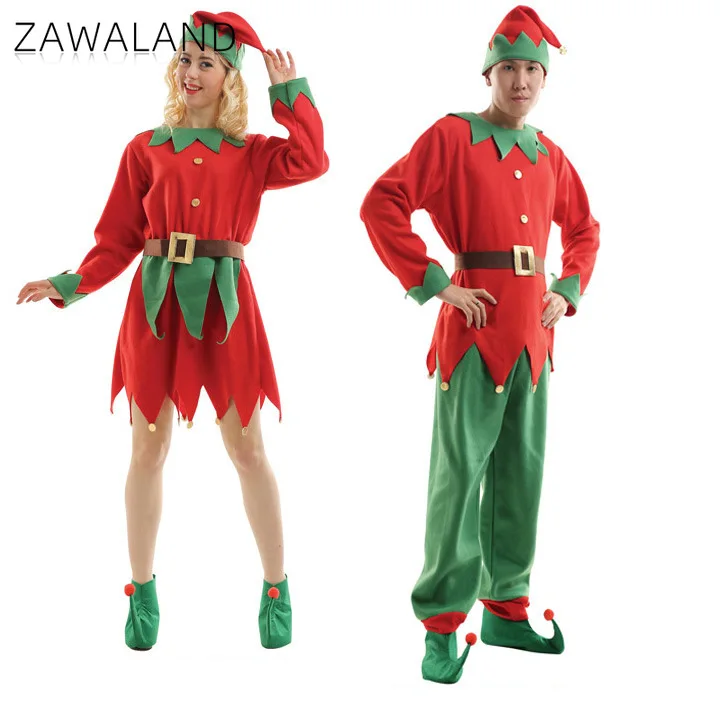 

Christmas Elf Cosplay Costume Woman Red Green Dresses with Hat Men Xmas Party Performance Full Set Clothes Festival Funny Outfit
