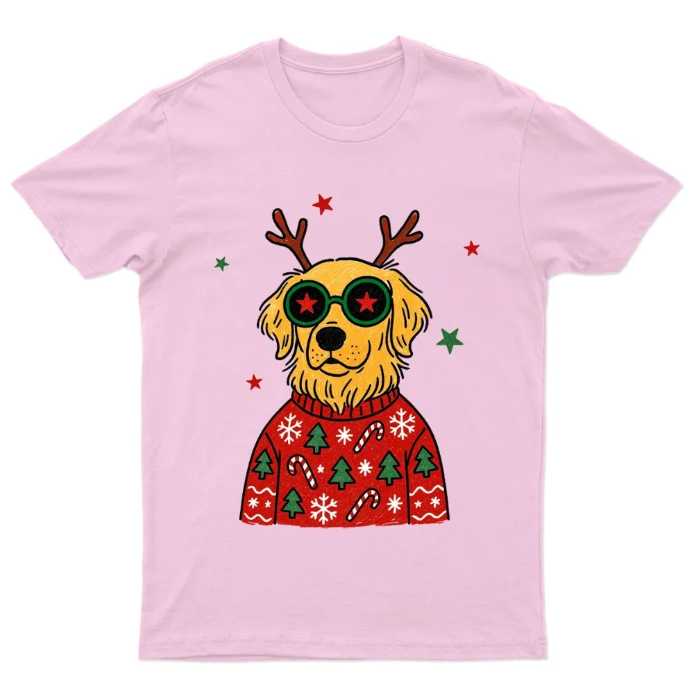 Christmas Holiday Mens T-Shirt Funny Golden Retriever Antlers Sunglasses Xmas Graphic Shirt Retro Festive Party Casual Xmas Gift