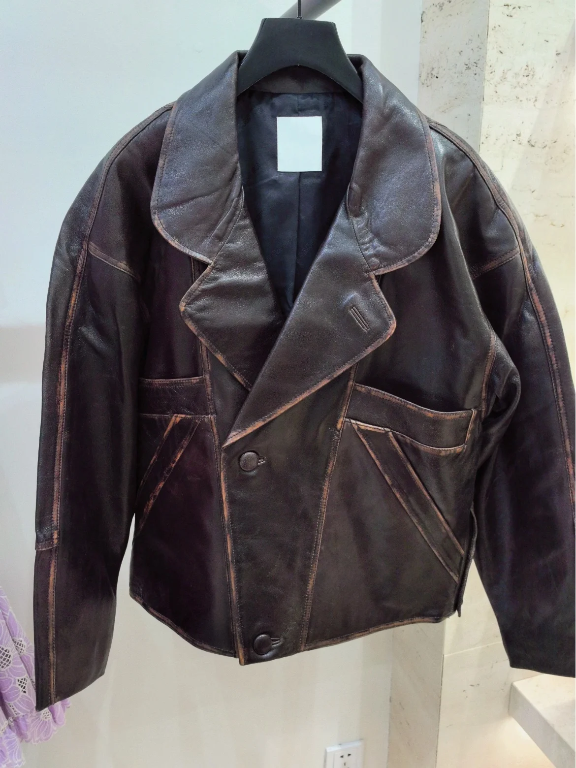 

Heidd Brown Vintage Leather Jaet Large Collar Biker Sle Women's Outerwear Autumn Winter Double Breasted Long Sve Coat