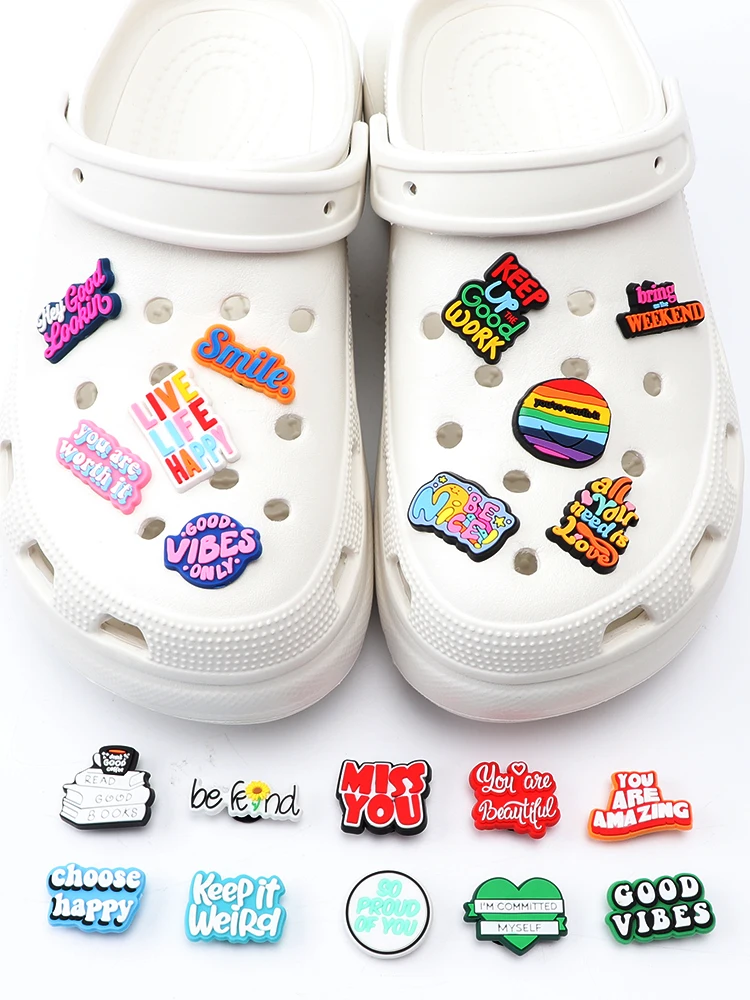 Hot 5pcs Encouraging phrase PVC Shoe Charms DIY slogan Shoe Accessories Fit clogs Decorations Buckle Unisex kids Gifts jibz