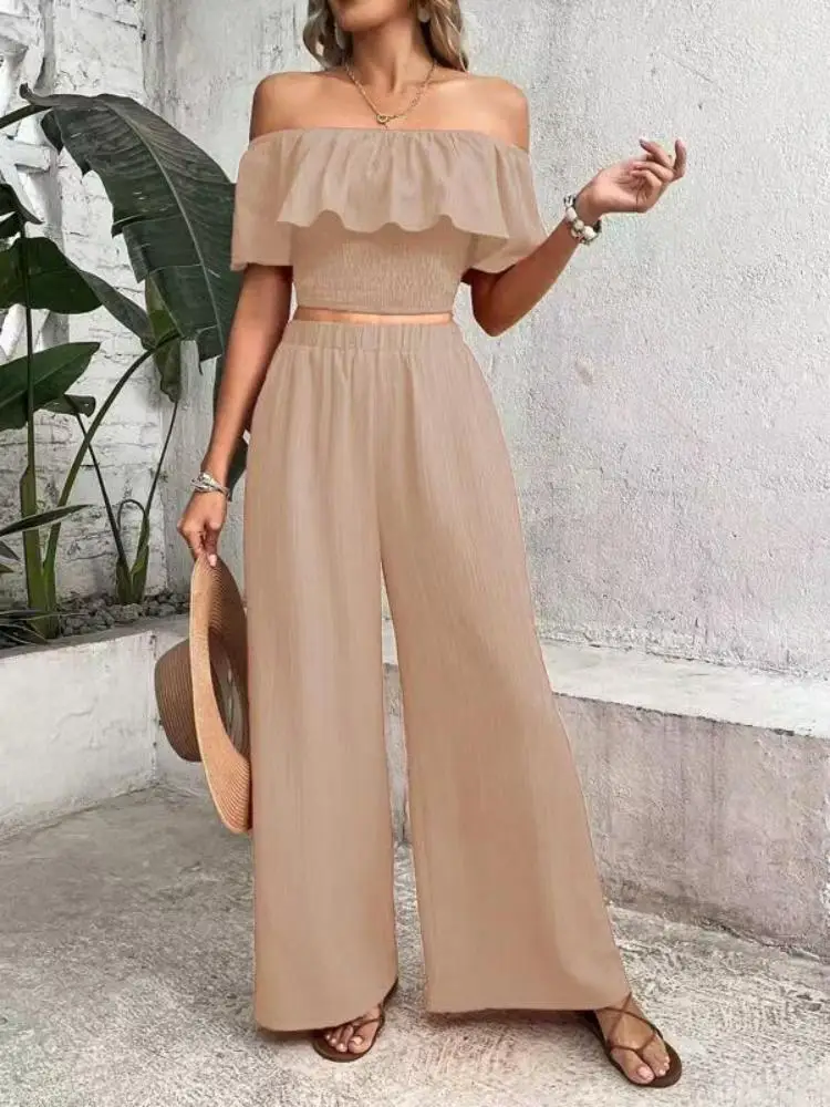 Summer new casual temperament commuter solid color one line shoulder blazer solid color wide leg pants