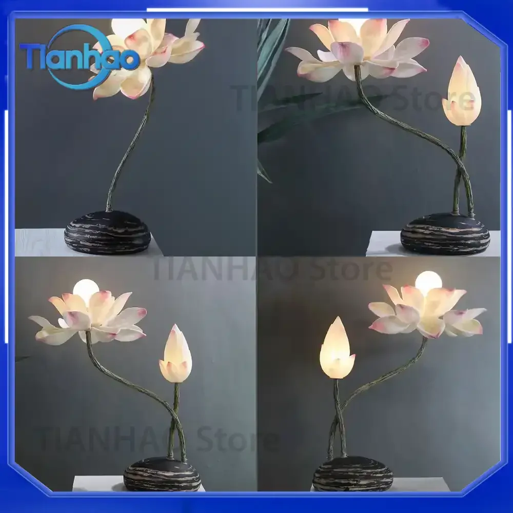 Resin Lotus Table Lamp for Chinese Style Living Room Decorative Plug-in Warm Light Fixture for Study Bedroom Bedside