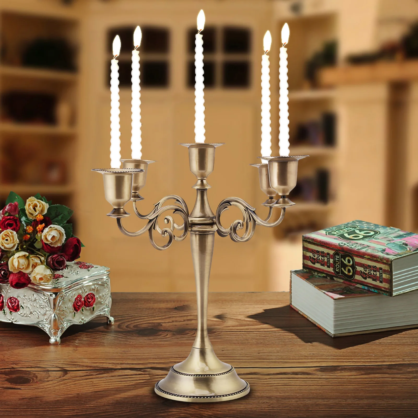 2 Colors 5 Arms Alloy Candle Holder European  Candelabra Wedding Candlestick Home Decor 5 Stands Candle Holder