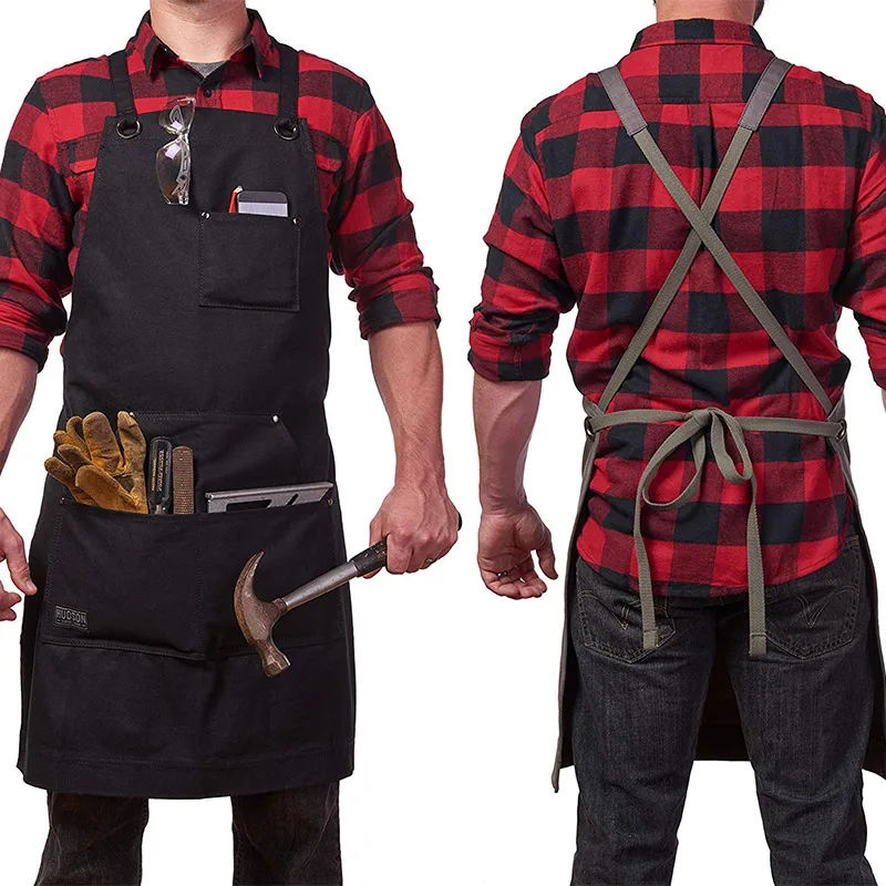 Waxed Canvas Work Apron with Pockets Adjustable Gardening Apron Heavy Duty Woodworking Apron Tool Holder for Carpenter Men Women