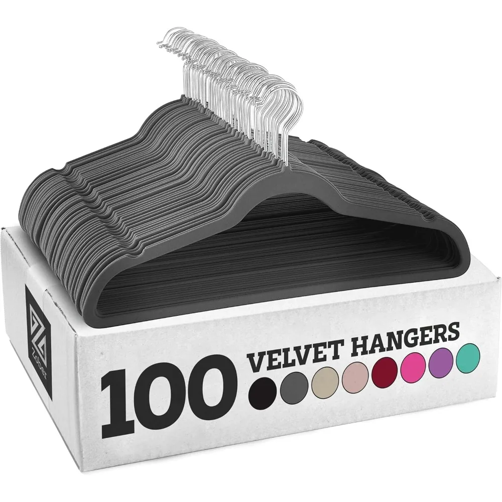 

Zober Velvet Hangers 100 Pack - Heavy Duty Gray Hangers for Coats, Pants & Dress Clothes - Non Slip Clothes Hanger Set
