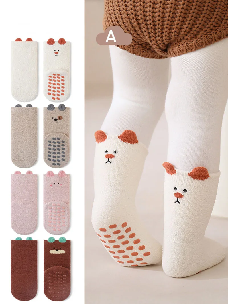 

3 Pairs a Lot MILANCEL Winter Baby Floor Socks 0-5T Cute Fleece Padded Girls Step Socks Children Thicken Cartoon Non-slip Socks