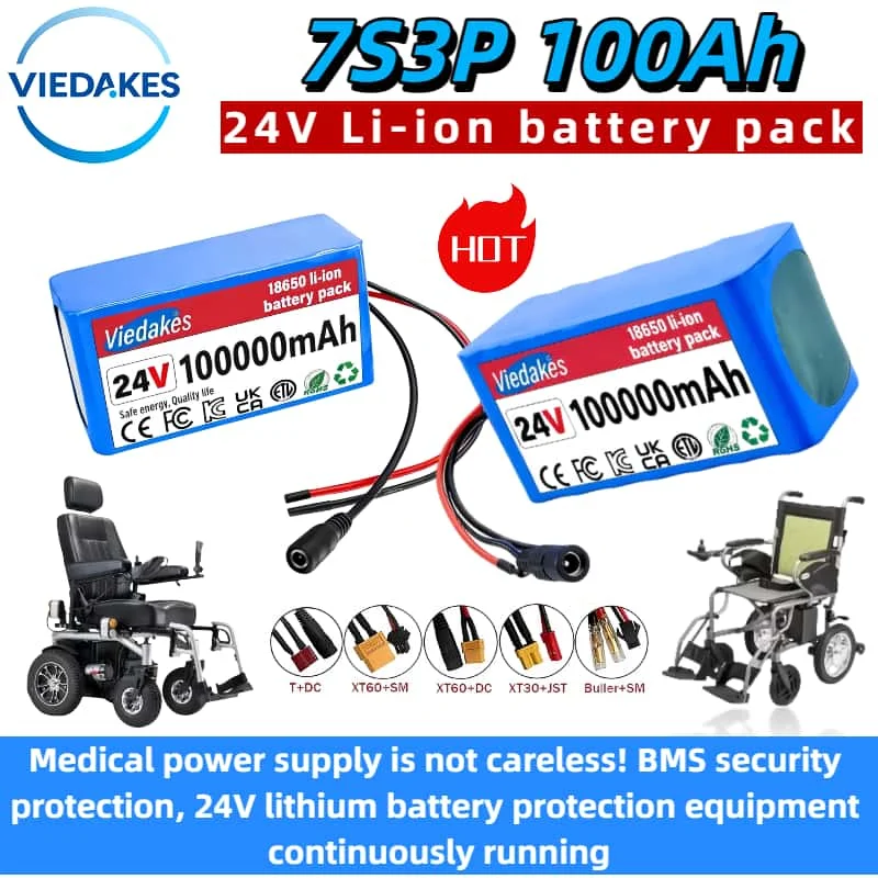 🌍High capacity 24V 100Ah Lithium Battery for Wheelchairs🏅 7S3P 18650 100000mAh Rechargeable Pack 🔥with 29.4V 2A Fast Charger