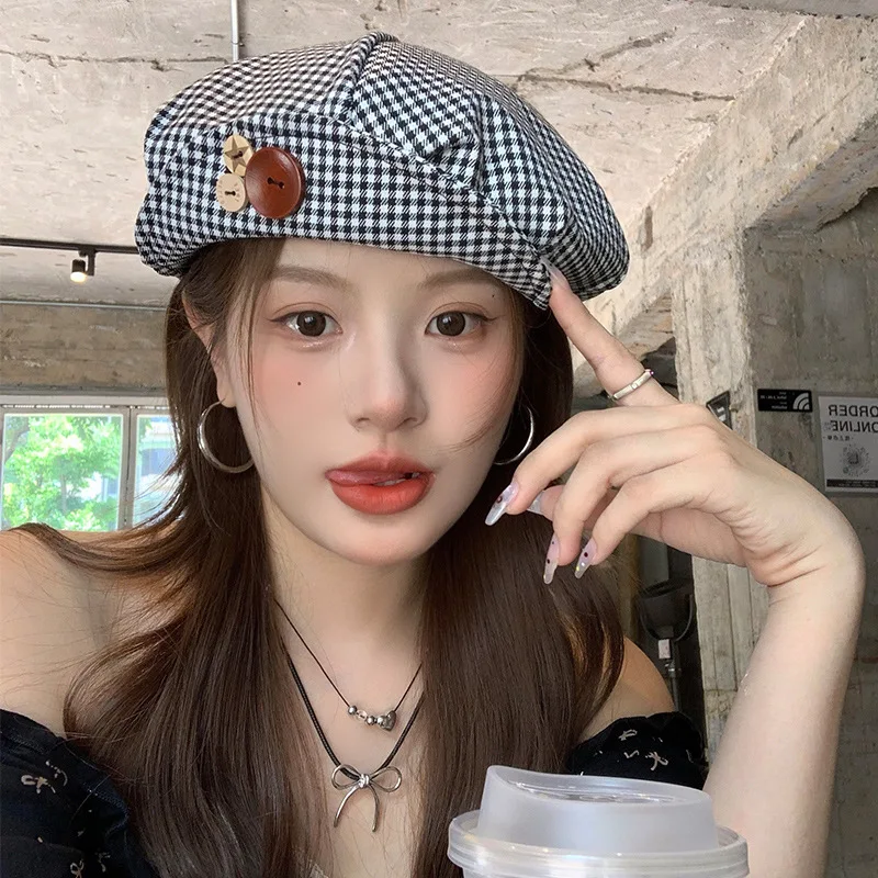 

Trendy Y2k Retro Turn-up Brim Button Plaid Cloud Cap Women Spring Black And White Plaid Beret Octagonal Hat Literary Painter Hat