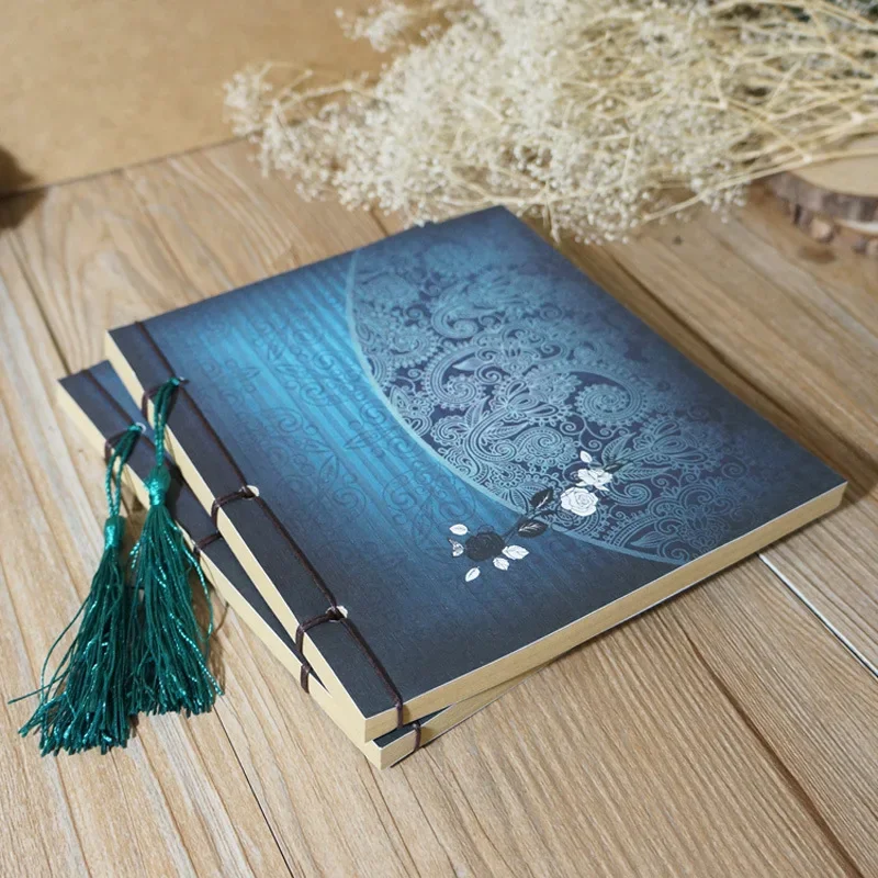 Chinese Style Blue Rose Color Diary Note Book Tassel Stationery Retro Flower Sketchbook Journal Empty Notebook Chinoiserie