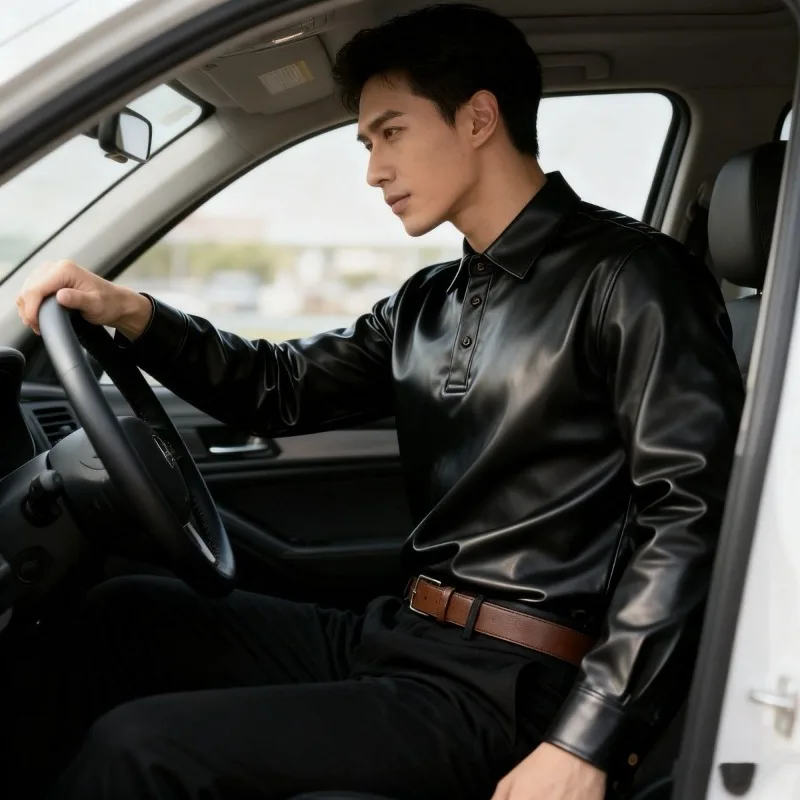 Smooth Faux Leather High Elasticity Shiny Surface Large-sized POLO Collar Versatile Spring and Autumn Long Sleeve Slimming Loose