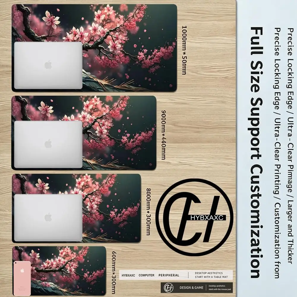 Large gaming mouse pad, ink wash floral branch artistic design, washable non-slip rubber base, stain-resistant & sturdy