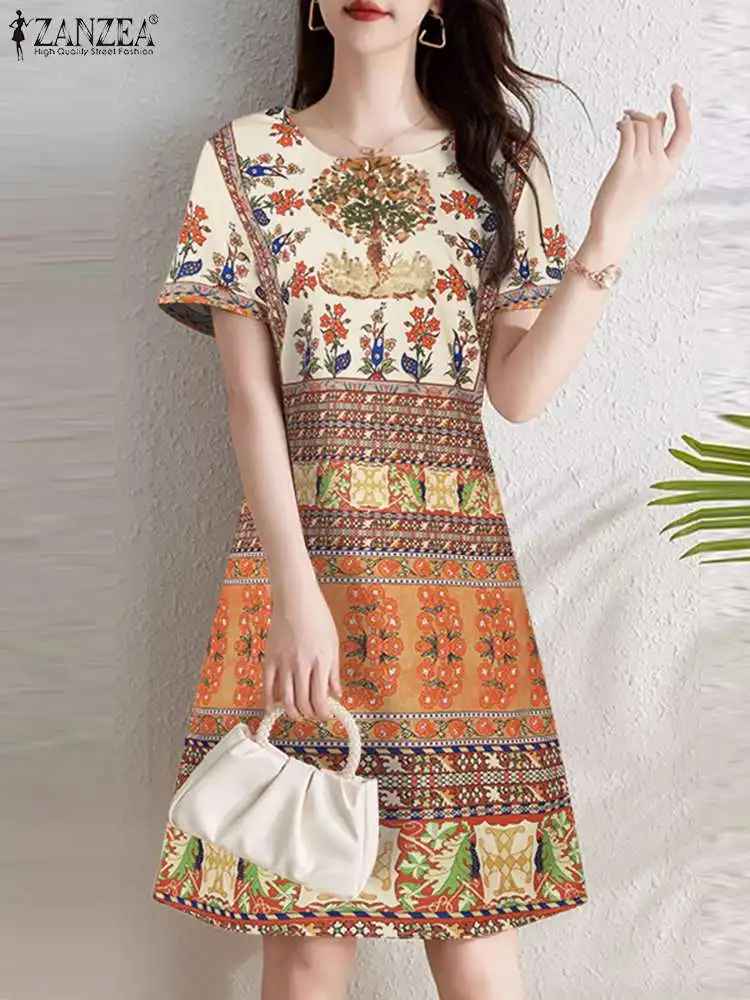 

ZANZEA Casual Women Knee-length Dress Ethnic Printing 2024 Summer O Neck Fashion Short Vestidos Short Sleeve A-line Sundress