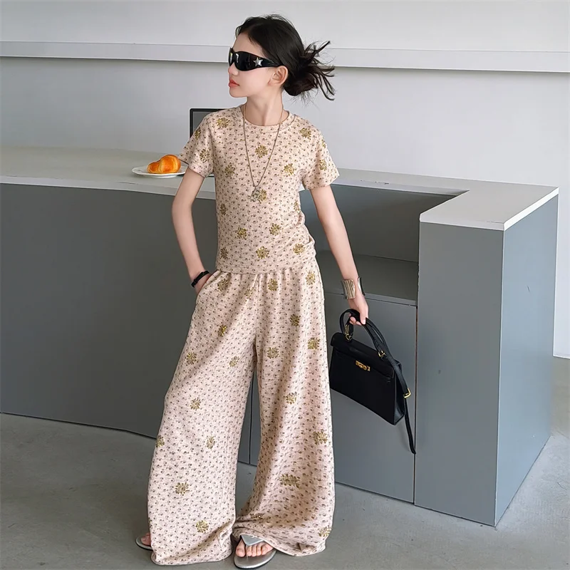 Teens Girls Clothing Sets New Fashion Hot-Fix Rhinestone Short Sleeve Top + Wide Leg Pants 2Pcs Suits Korean Children's Outfits