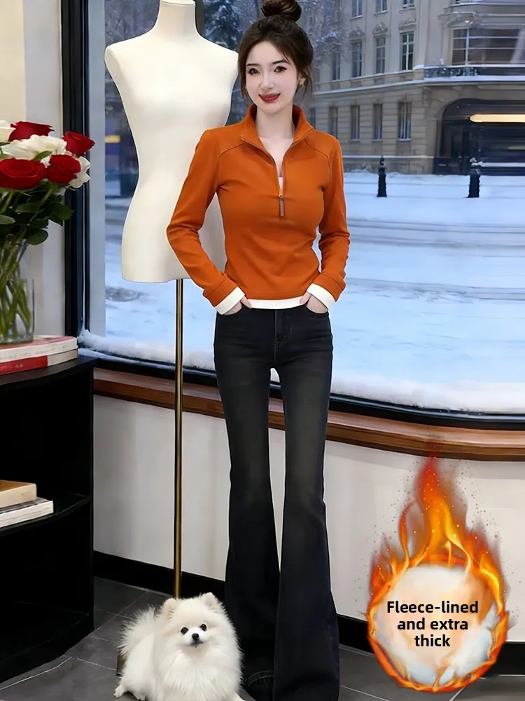 

Модный комплект из двух предметов: джинсовый топ с воротником-стойкой на молнии и флисовой подкладкой, женский зимний облегающий повседневный костюм с длинными рукавами и высокой талией