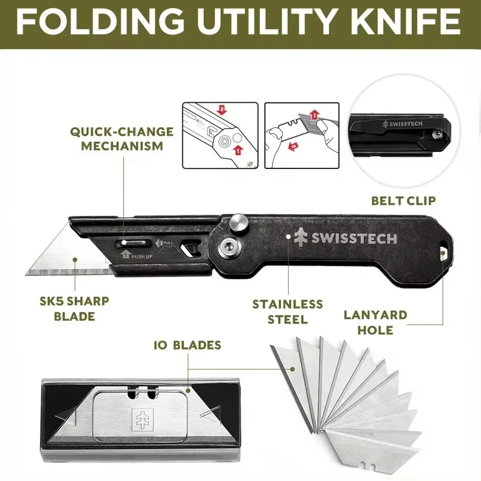SWISS TECH Mini Folding Knife Stationery Keychain Multitool Pocket Knives EDC Box Cutter Utility Knife with Replaceable Blades - view 3