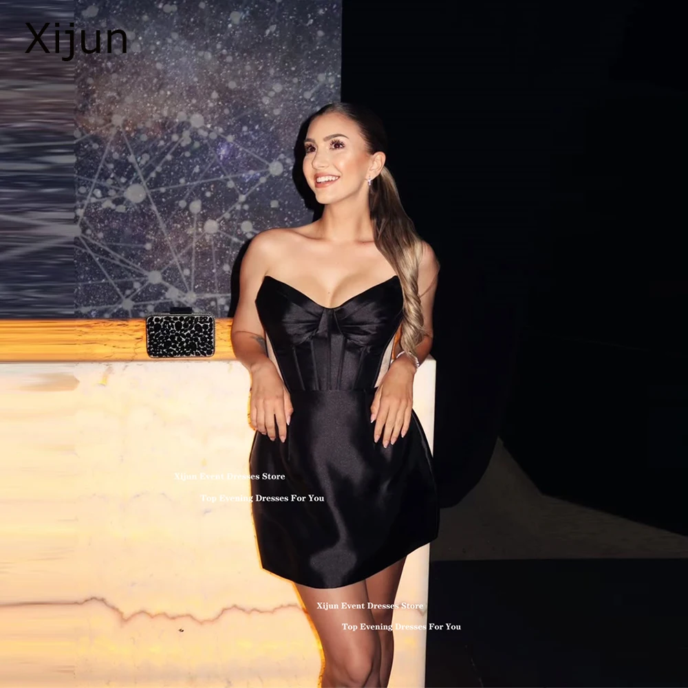 

Xijun Sexy Black Mini Evening Dresses Satin Sweetheart Sleeveless Prom Dresses A-Line Simple Short Birthday Party Gowns Customiz