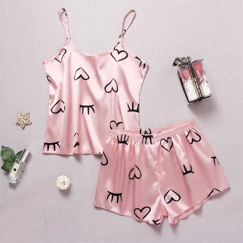 Women\'s Heart Print Satin Casual Pajama Summer Sexy Lingerie Women Cami Top & Shorts Sleepwear Soft Comfortable Nightwear Pj Set