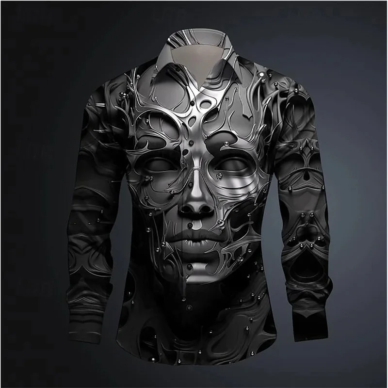 Mask Men\'s subculture casual 3D printed shirt Party Street Resort Spring/Summer lapel long-sleeved shirt