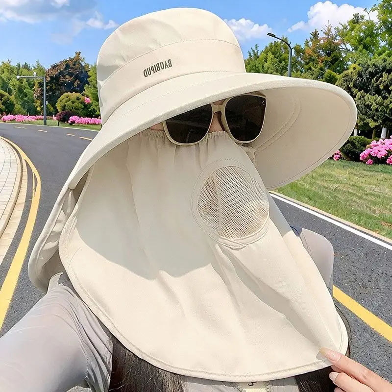 女性の夏用つば広帽子-uv保護-サンシェード-フェイスマスク一体型帽子-首保護-大きなつばの帽子-折りたたみ帽子