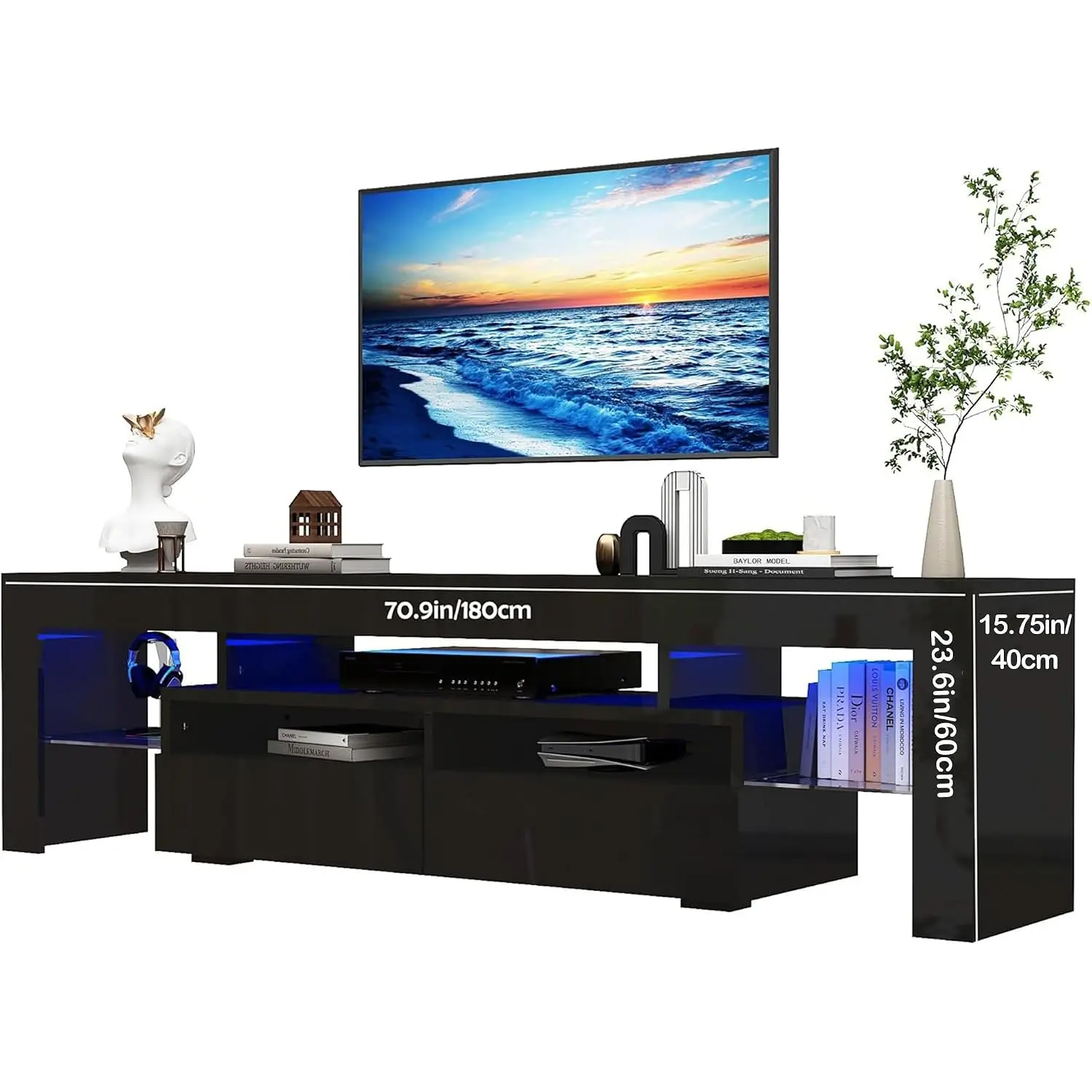 70in LED TV Stand for 75/80 inch TV, Living Room High Gloss Center with Storage & APP RGB Light, Black Console, Customized