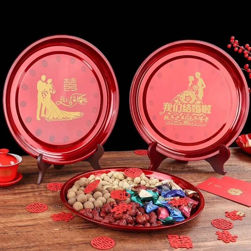 Chinese Wedding Supplies Stainless Steel Dessert Plate Candy Plate Joyful Red Decorative Tray Japanese Dishes