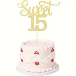 1pc Glittery Rose Gold & Black Double-sided Sweet 15 Cake Topper - Sparkling Elegant Decor