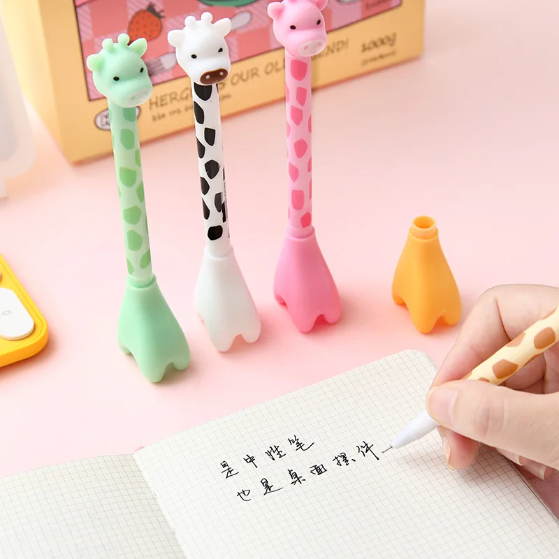 4Pcs/Lot Kawaii Giraffe Standing Pen 0.5mm Black Ink Gel Pens Cute Cartoon Offfice Signature Pen Student School Stationery