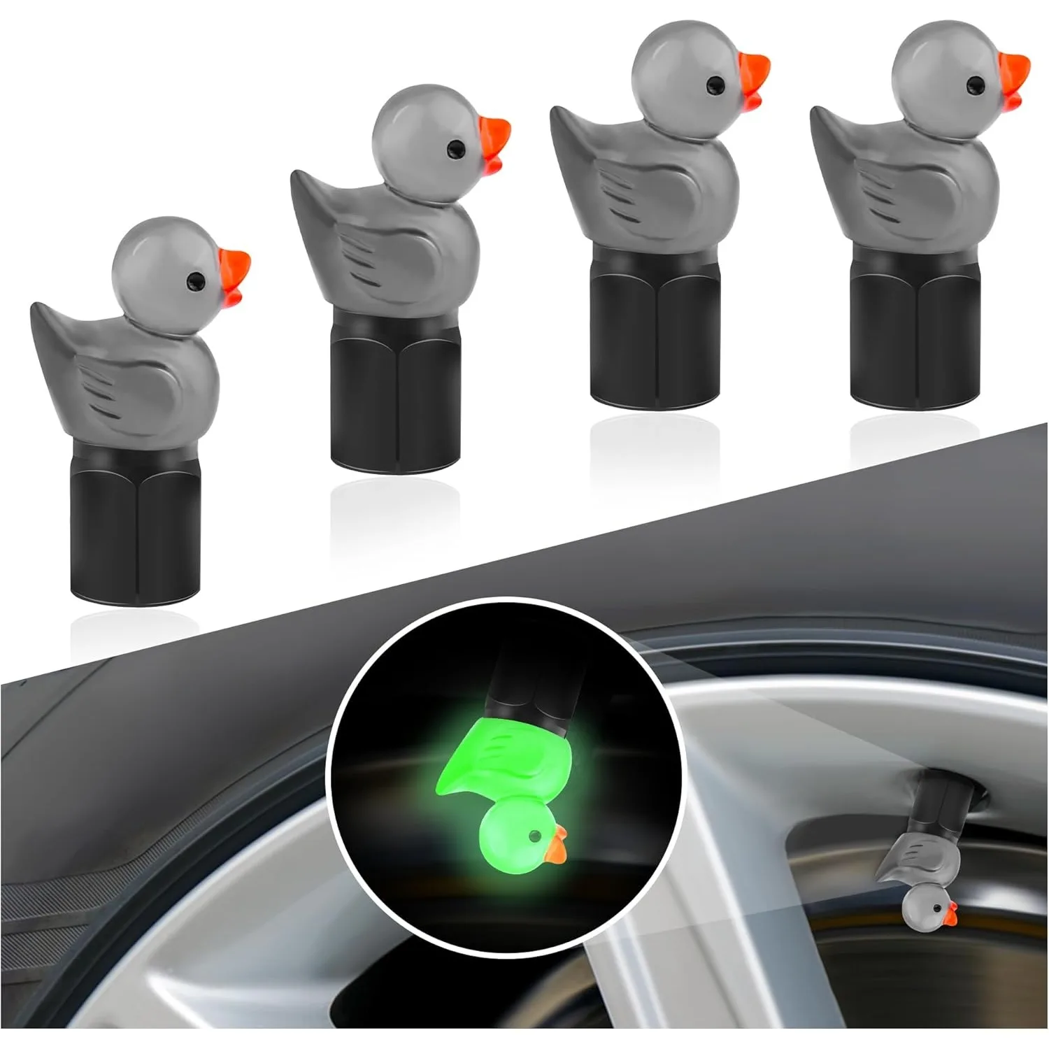 

4PCS Auto Tire Valve Stem Caps,Glow in The Dark Cute Duck Valve Caps for Car Tires,Universal Car Tire Air Cap