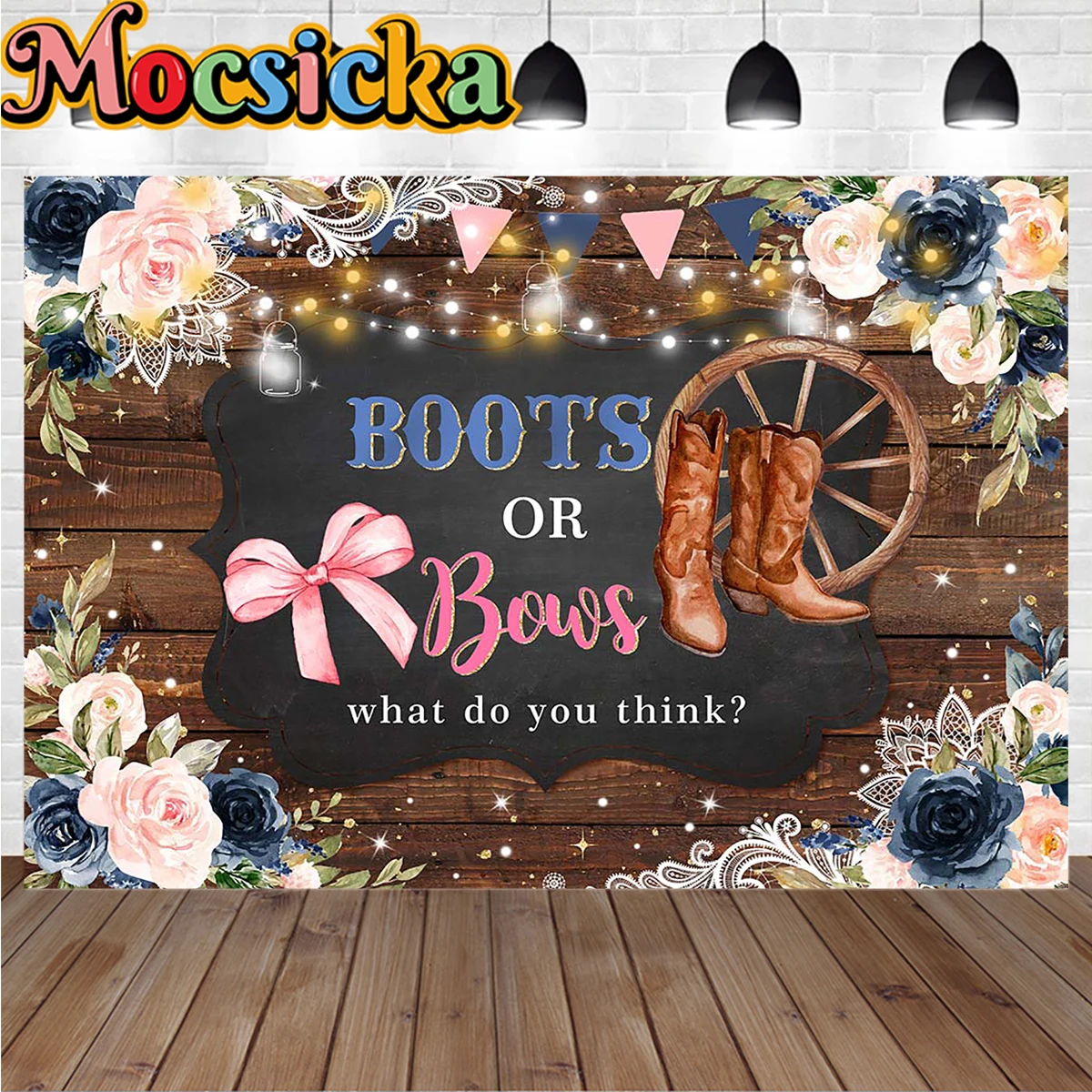 

Boots or Bows Gender Reveal Party Wooden Decoration Backdrop Cowboy Girl Flower Light Glitter Backdround Newborn Birthday Photo