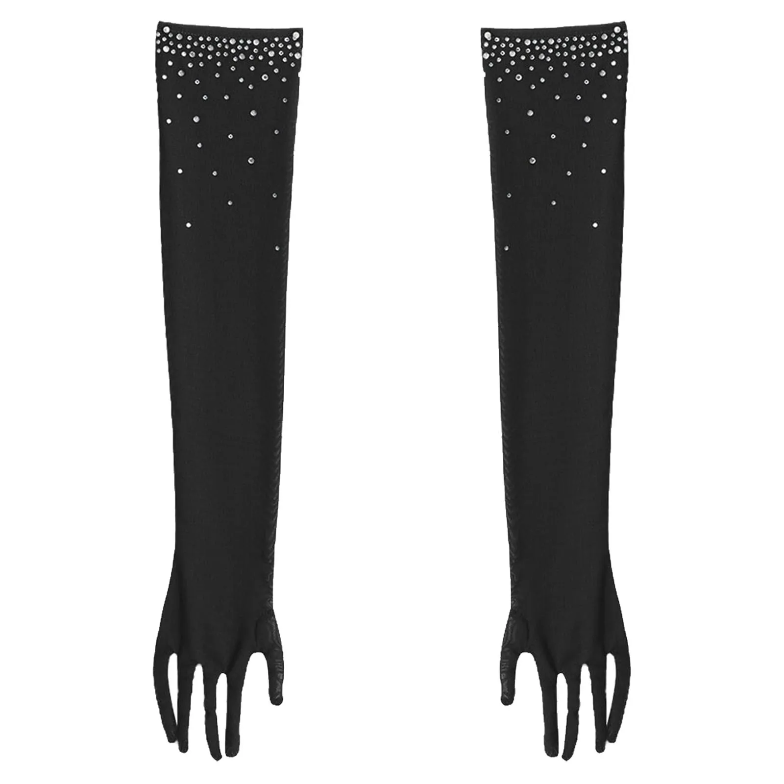 

1 Pair Gloves Kids Girls Latin Jazz Dancing Costumes Accessories Child Glittery Rhinestones Five-Finger Full-Length Mesh Mittens