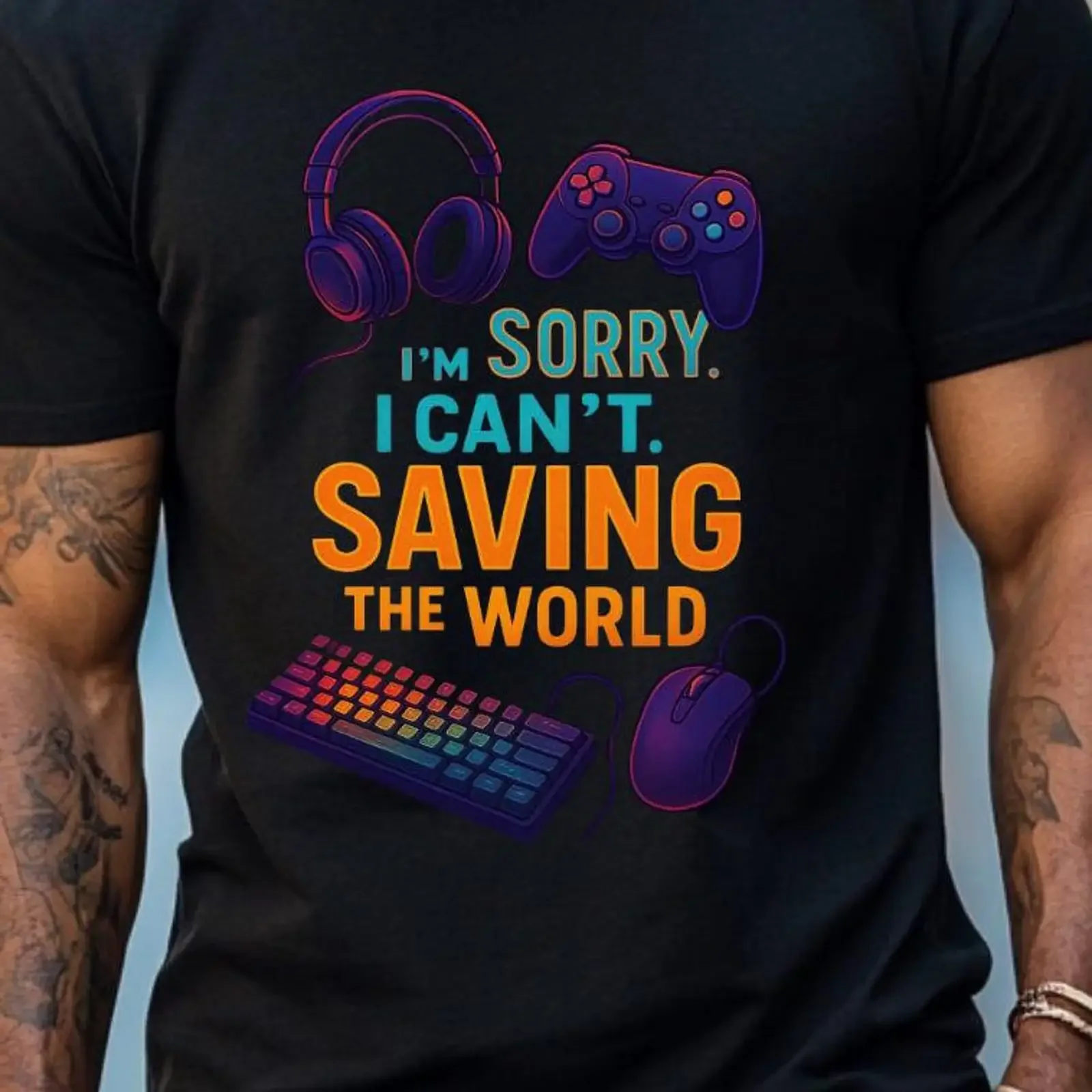 Funny Gamer Sorry I Can't Saving The World T Shirt Headset Controller Keyboard Mouse Retro 90s Video Game Aesthetic vintage
