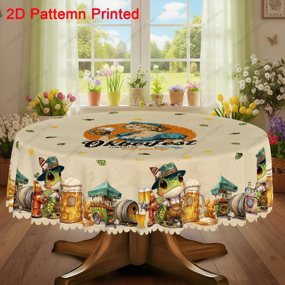 1 piece, Munich Beer Festival themed tablecloth, with vintage beer barrel and food truck tent patternxzj