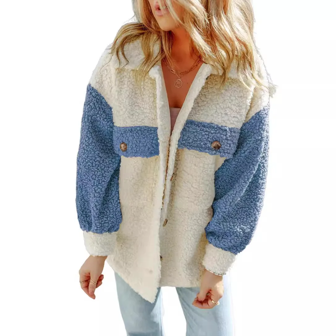 الخريف الشتاء عارضة الدافئة قمم المرأة معطف طويل الأكمام مزدوجة جيب اللون منعت فضفاض الفراء سترة معطف للنساء Capispalla