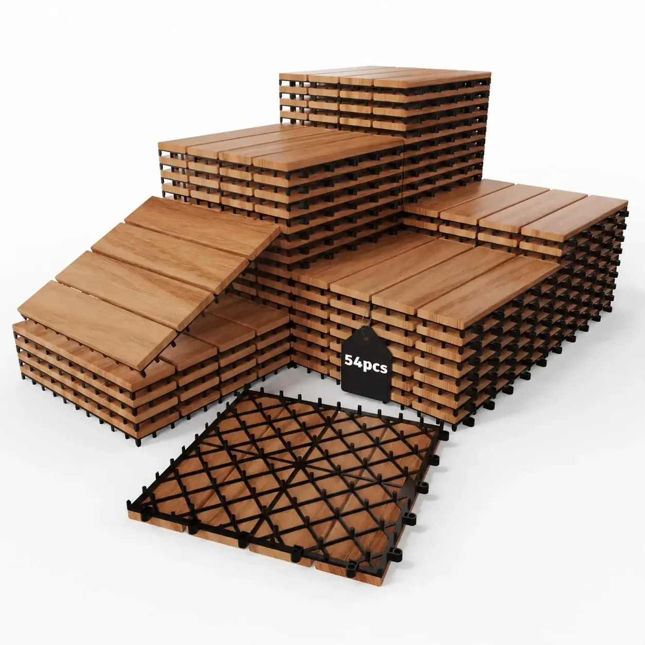 Premium Natural Acacia Wood Interlocking Deck Tiles Waterproof All-Weather Outdoor Wood Flooring for Patio, Balcony, Backyard, P