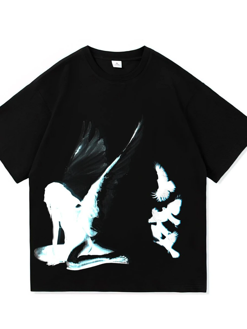 Men'S Blend Oversized T-Shirt Black Abstract Angel Wings Dove Birds Graphic Print Short Sleeve Tee Vintage Grunge Streetwear