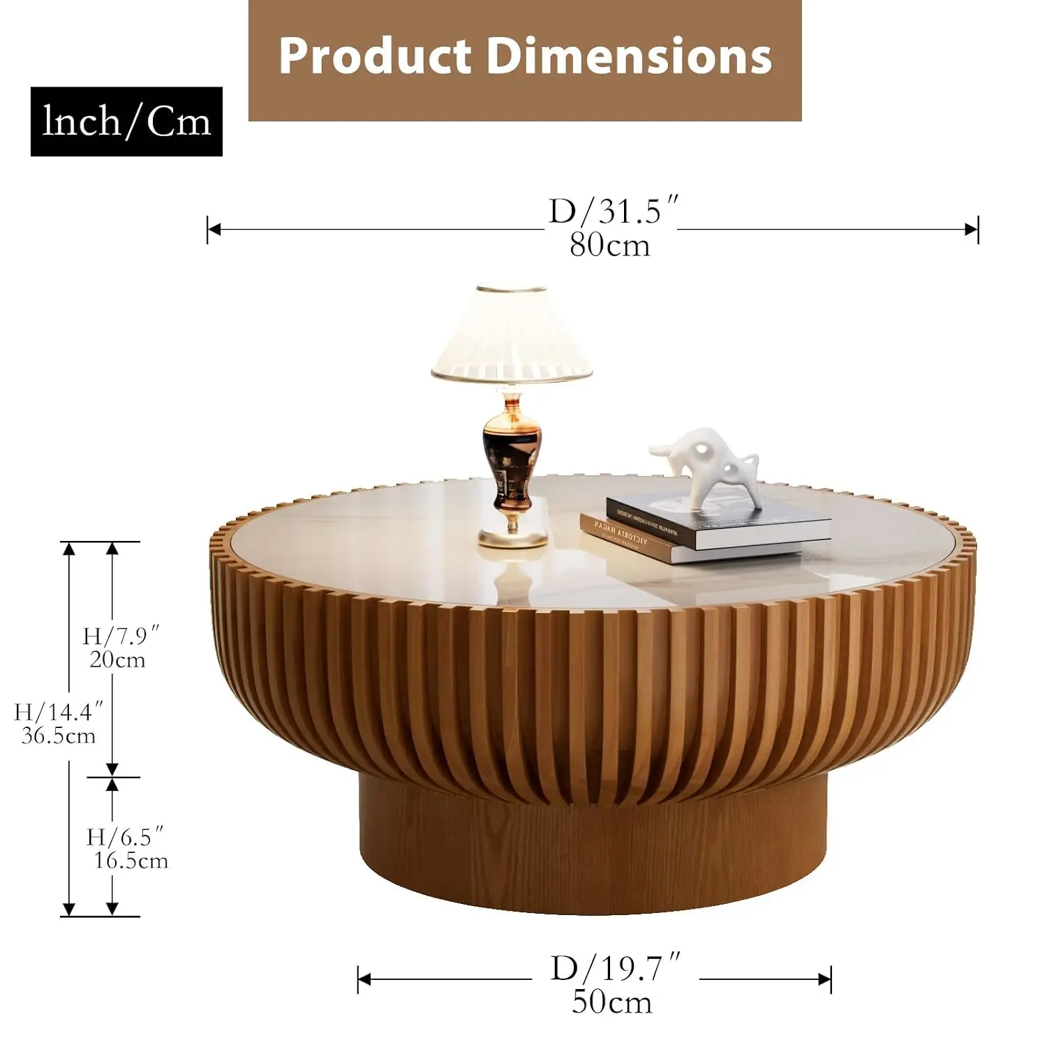 Brown Round Fluted Drum Coffee Table Wood Rock Slab Top Handcrafted Solid Edge Easy Assembly Living Room, Customized