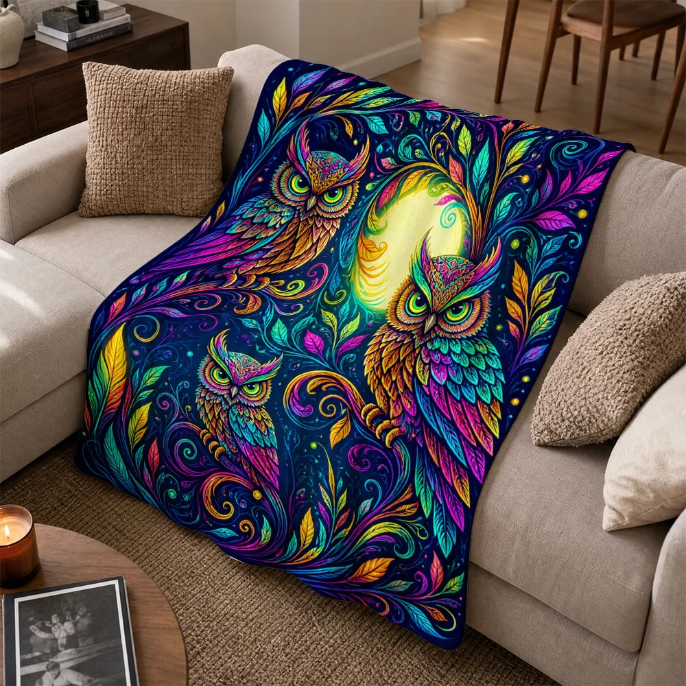 Bohemian Owl Print Psychedelic Throw Blanket Fleece Sofa Cover Vivid Boho Art Home Decor Accent Gift Idea