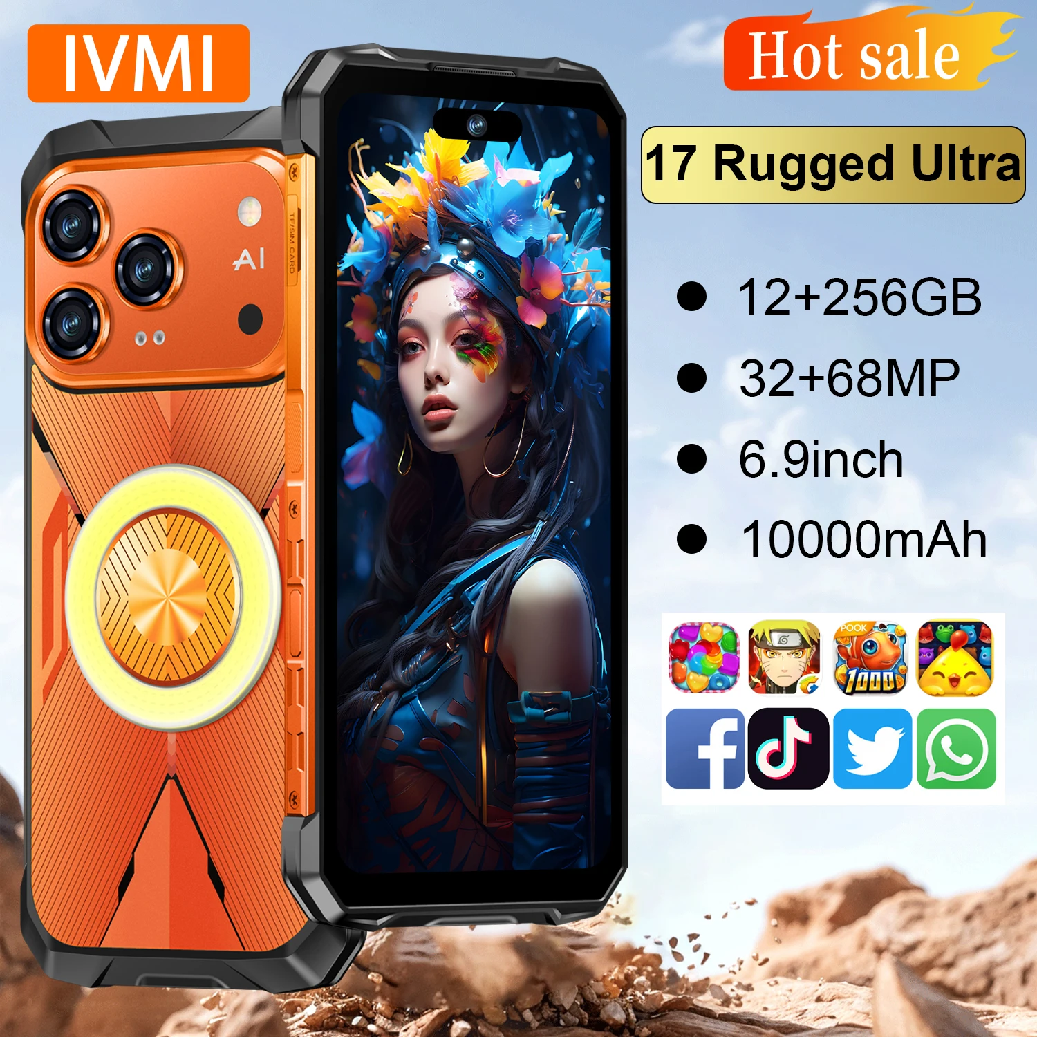 [World First] IVMI Durable 17 Rugged Ultra Smartphone 12GB+256GB 6.9'' Android 10000mAh 68MP Waterproof Shockproof Phones